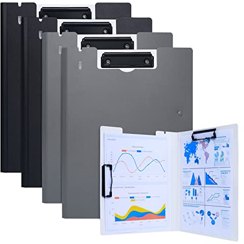 COSHEHKG 4 Stück Klemmbrett A4, Doppelte Klammern, 360° Faltbar, PVC, Grau-Schwarz