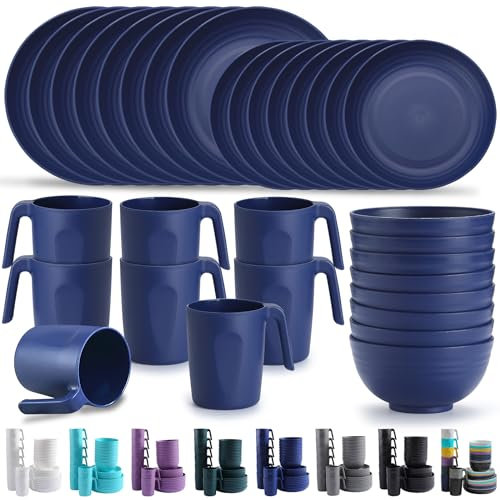 Kyraton Plastic Dinnerware Sets of 32 Pieces Service for 8, Unbreakable and Reusable Light Weight Plates Mugs Bowls Dishes Easy to Carry and Clean Microwave Safe BPA Free Dishwasher Safe