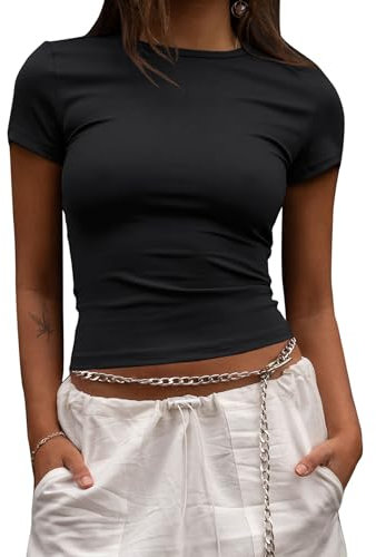 EFFAN Short Sleeve Workout Tops for Women Summer Cropped Gym Compression Shirts Cute Tight Tressy Tops Tee Black S