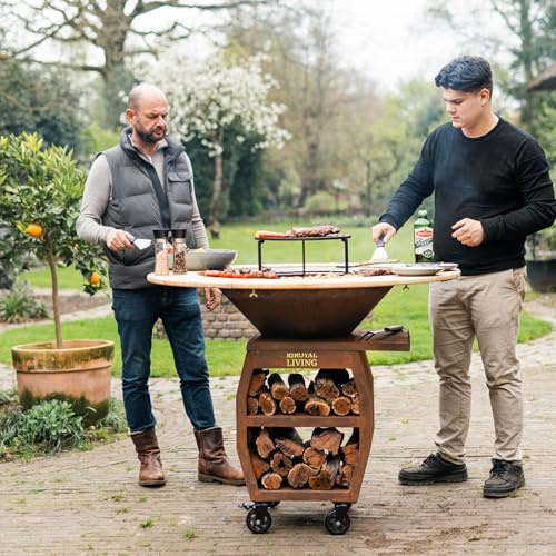 Barbecue Compañero 2.0 Plancha XXL in acciaio Corten, con bordo in legno, da 80 x 80 x 112,5 cm, con anello per barbecue, braciere con piastra completa