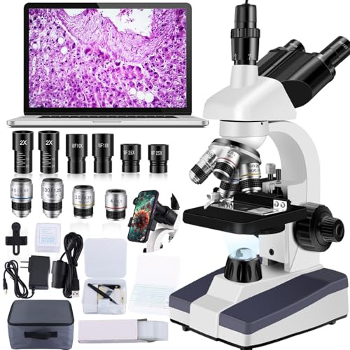 Woehrsh Trinocular Microscope 40X-5000X, LED Illuminated, Black, Metal & Optical Glass, Adult Microscope with HD USB Camera