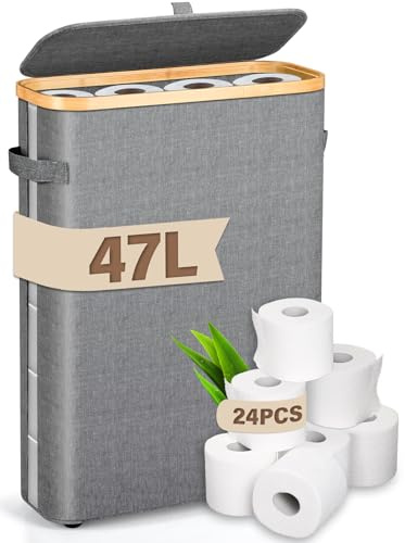 47L Cesta de Almacenamiento de Papel higiénico, Cesta para Papel Higiénico con Ventana Transparente y asa y Tapa, Organizador de Baño, Organizador de Papel Higiénico para 16-24 Rollos
