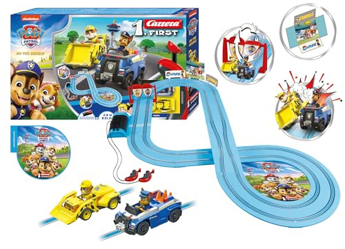 Carrera First PAW Patrol - On The Double Slot Car Race Track - Includes 2 Cars: Chase and Rubble - Battery-Powered Beginner Racing Set for Kids Ages 3 Years and Up