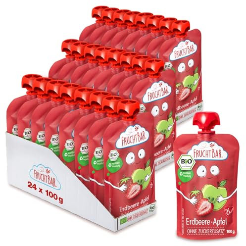FruchtBar-Bio Quetschie, Vorratspack, Fruchtpüree für Babys ab 6 Monaten & Kinder (24 Stück, Bio Quetschie Erdbeere-Apfel)