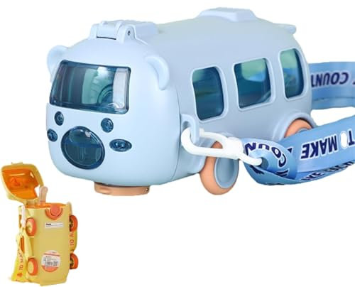 Tragbarer Wasserbecher in Busform, 473.6 g Wasserflasche Bus Wasserbecher mit Strohhalm und Gurt, 360° auslaufsichere tragbare Wasserflasche mit Strohhalm und Gurt (Blau)