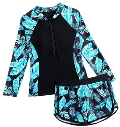 Girls Swimming Costume Tankini Rash Guard Long Sleeve 2 Piece Teen Girl Swimsuit with Shorts Kids Girls Floral Swimwear Bathing Suit Age 7-14 Years (13-14 Years, Navy)