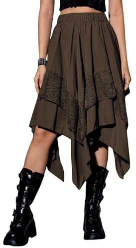 BUhuiBabubu Skirts for Women UK - Womens Renaissance Skirt Lace Tiered Asymmetrical Flowy Fairy Long Skirt Ladies High Waist Gothic Midi Skirts Halloween Costume,Brown,S,u837k