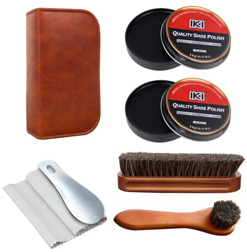 IKI Shoe Polish & Shine Kit - 7 PCS Leather Boot Care Kit with 2 Black Shoe Polish, 2 Horsehair Shoe Brush, Suede Cloth, Shoe Horn and Storage Bag, Boot Polish Kit for Men & Women
