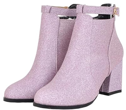 Generisch Botines para mujer, botines cortos para mujer, botines de invierno modernos con tacón de bloque, punta redonda con purpurina, forrados cálidos, informales, morado, 37 EU