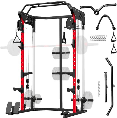 SPORTNOW Kraftstation Power Rack 900 kg – Squat-Käfig mit doppelter Riemenscheibe, verstellbar, 19 Ebenen – komplettes Heim-Gym für Krafttraining, mit Latzug und Zubehör, Schwarz