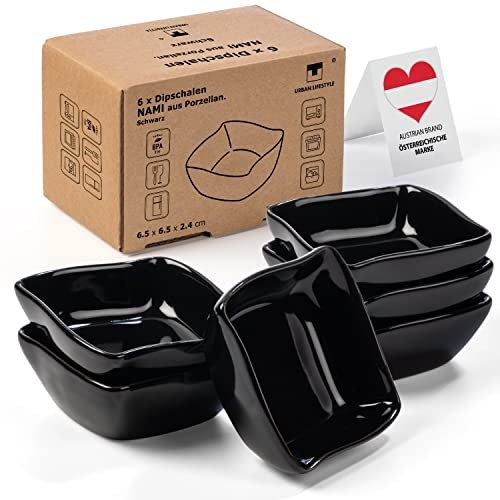 Urban Lifestyle Dipschalen Saucenschälchen 6 x Nami aus Porzellan Sojasauce Schälchen, Sushi Schälchen, Fingerfood Gewürzschalen Marmeladenschälchen (Schwarz)