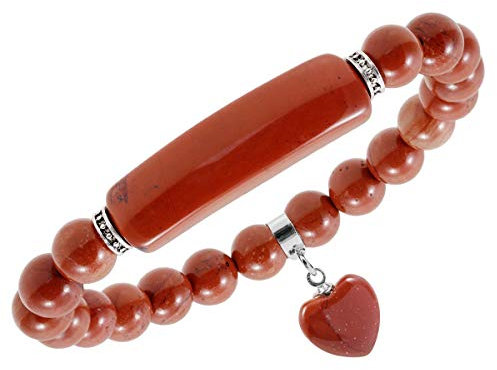 KYEYGWO Roter Jaspis 8mm Kristall Stein Perlen Armband für Unisex, Elastisches Chakra Armband mit Herzform Anhänger für Yoga Reiki
