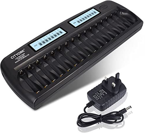 CITYORK 16 Slot Smart AA/AAA Battery Charger Built-in IC Protection for AA/AAA NiMH/NiCd Rechargeable Batteries with Discharge Function & LCD Display