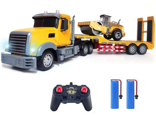 Remote Control Semi Truck Toy For Kids - 1:24 RC Semi-trailer Engineering Tractor With Sound And Lights, Trailer Truck Toy With Inertia Roller, Construction Vehicles For Boys & Girls 3-8 Years Old