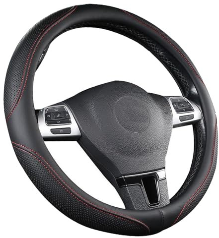 TONZACK Coprivolante per Auto in Pelle Microfibra, Coprivolante Universale Traspirante Assorbente Il Sudore da 38 cm, Resistente Antiscivolo,linea rossa in pelle nera（Portable）