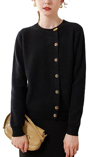 Valin Chaqueta de punto de cachemira para mujer, cuello redondo, manga larga, cárdigan de cachemira de lana de color sólido, chaqueta gruesa relajada, SPR2311, Negro , 40
