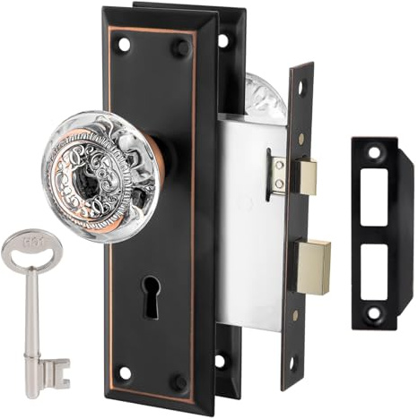 ToPToToo Mortise Lock Set Interior Door, Glass Door Knobs with Lock,Old Style Door Knob Replacement, Vintage Antique Door Lock with Skeleton Key,Classic Oil Rubbed Bronze Finish