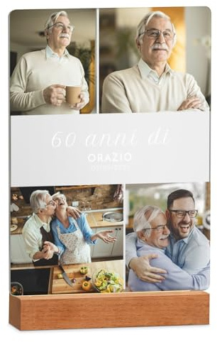 Maverton Cornice LED luminosa con supporto in legno - Quadro in vetro acrilico personalizzato con collage di foto - Lampada con foto per uomo per il compleanno - Auguri - XL: 21x32x4,5cm