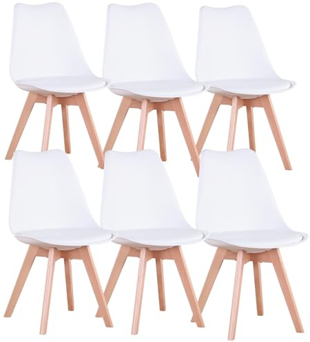 Uderkiny Juego de 6 Sillas de Comedor, Sillas Escandinavas, Patas de Madera Maciza, Diseño Nórdico Ergonómico, Ideal para Comedor, Salón, Cocina, Dormitorio (Blanco, 6)