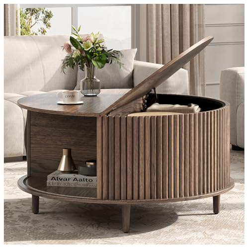 JOINICE,Round Coffee Table with Storage, 31.5 Fluted Center Table for Living Room, Modern Walnut Wood Circle Drum Table with Sliding Cabinet Door, Mid Century Furniture for Small Space