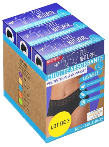 Feel Natural - Pack Culotte Menstruelle Absorbante & Confort Réutilisable - Protection Hygienique Lavable, Coupe Haute Dentelle - Flux Léger à Modéré - Culotte Taille Haute Invisible - Taille L