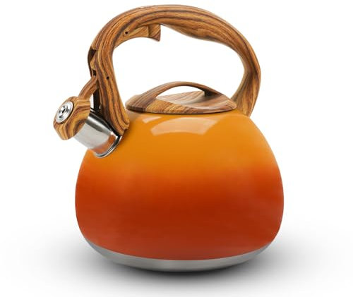 Foedo Tea Kettle Stovetop, 3.2Qt Stainless Steel Tea pots with Wood Grain Handle Food Grade Whistling Tea kettle,Induction/Gas Stoves (Orange-Red Gradient)