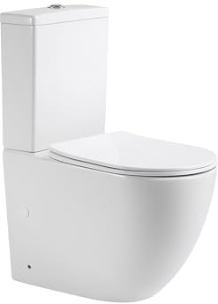 BAIKAL Toilettes en céramique T5. WC compact au sol avec système Rimless et réservoir monobloc avec mécanisme de double chasse sanitaire complet avec double sortie et siège avec chute amortie.