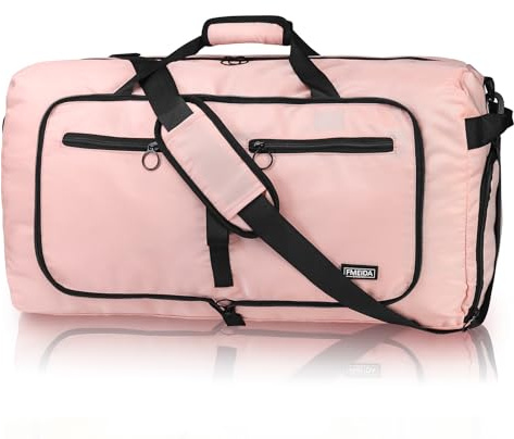 Fmeida 65L Foldable Travel Duffle Bag Waterproof Holdall Luggage Bags | Sports Bag with Shoes Compartment, Large Weekend Overnight Gym Bag, for Men and Women, Lightweight, Light Pink