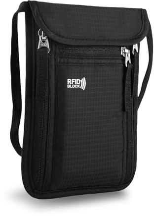 Flintronic Pochette Tour de Cou, Sac de Cou avec Bloqueur RFID, Sac de Passeport avec Bandoulière Réglable, Anti–vol, Imperméable, Portefeuille de Voyage Femme et Homme, pour Argent Billet Cartes Clés
