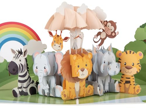 Cardology - New Baby Arrival Pop-Up Card | 3D Safari Animals Congratulations for Baby Boys or Girls