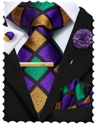Hi-Tie Ties for Men and Pocket Square Cufflinks Lapel Pin Clip Pin Set Silk Mens Ties Necktie for Wedding Business