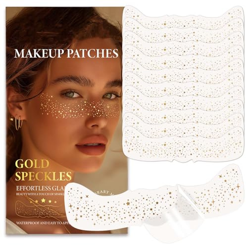 Clawrex Glittertatueringar, fräknar, 10 stycken gyllene glitter, fräknar tatuering, vattentät fräknande pinne, tillfälliga tatueringar, festtillbehör, glänsande guldfolie ansikts-makeup (QBT-008)
