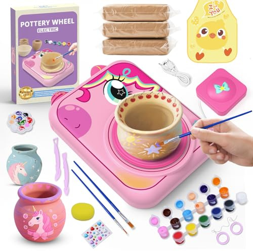 Pottery Wheel for Kids, Girls Arts and Crafts Toys for Kids Ages 8-12,Pottery Craft Kit with 3 Pack Air-Dry Clay, Art Supplies for Kids Toys Girls Birthday Gift for 6 7 8 9 10 11 12+ (Pink)