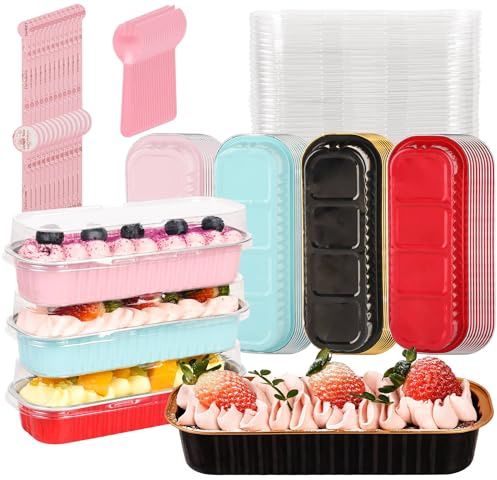 JPPSUJJ 100 Pack Mini Cake Pans with Lids and Spoons, Disposable Aluminum Foil Cake Tins（6.8oz） Individual Small Cake Baking Containers for Party, Wedding, Birthday