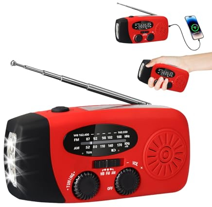 Kurbelradio mit Solar und LED Taschenlampe, 3-LED-Taschenlampe/AM/FM/Wetter/USB-Handyaufladung, Tragbar für Camping, Wandern & Notfallvorsorge (Rotes)
