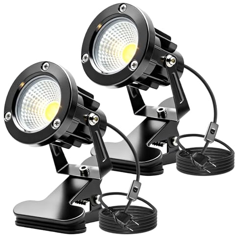 GBKDQQ 2 faretti LED a morsetto con spina e interruttore, IP65, impermeabile, per interni ed esterni, 10 W, con cavo da 1,5 m, per esterni (bianco caldo)