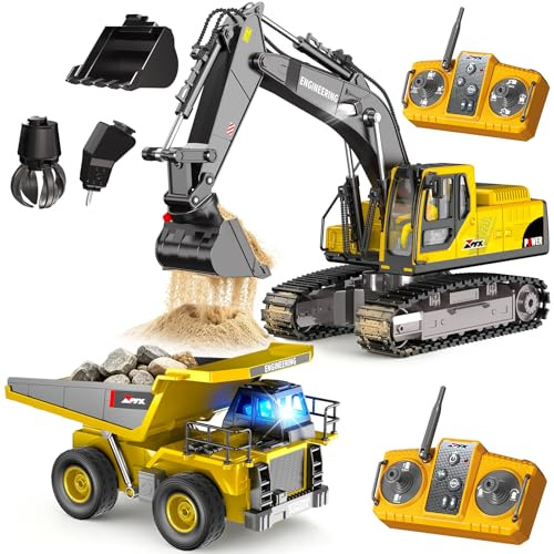GraceDuck Ferngesteuerter Bagger und RC LKW Spielzeug Set für Kinder – 3-in-1 RC Bagger Spielzeug mit 2 Fernsteuerungen, Bagger Strandspielzeug Komplettset, Geschenk für Kinder ab 6-12 Jahren