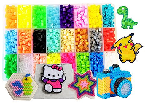 Perles à Repasser-4500 Perles 5mm 24 couleurs (4 brille dans le noir)3 Plaques+75modèle imaginer(15 taille réelle)+5feuilles de papier +2Brucelles+Sac d'accessoires bricolage Hama beads Compatible
