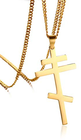 PJ JEWELLERY Men's Stainless Steel Russian Orthodox Cross Pendant Necklace Byzantine Empire Gold,Free Cuban Chain