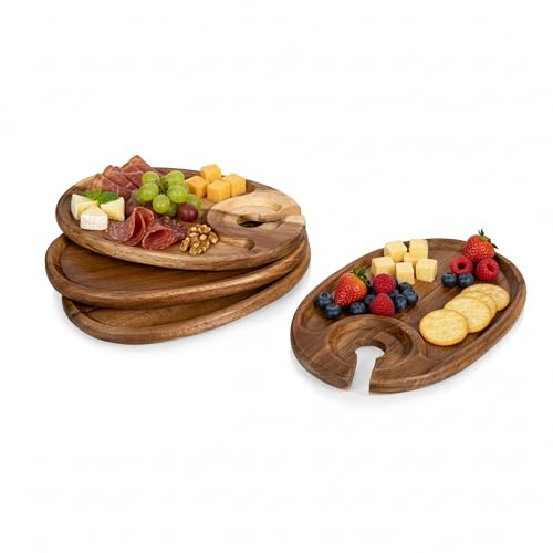 PICNIC TIME Wine Appetizer Plates, Set of 4 Wooden Cocktail Plates with Glass Holder, Mini Charcuterie Boards for Wine and Cheese Parties, Acacia Cheese Board Serving Trays (Oval - Acacia Wood)