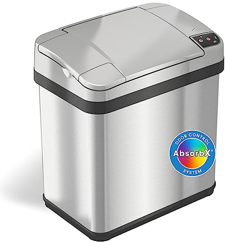iTouchless 2.5 Gallon Bathroom Trash Can with Odor Control, 10 L Automatic Motion Sensor Bin, Soft-Close Stainless Steel, Slim Wastebasket for Narrow Spaces, Silver
