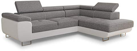 Ecksofa Caris mit Schlaffunktion und einstellbare Kopfstützen, Wohnlandschaft mit Bettkasten, Couch, Sofa, Bettsofa (Weiß + Grau (Soft 017 + Sawana 21), Ecksofa Rechts)