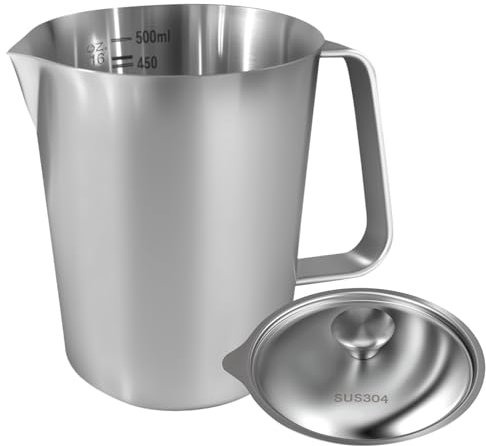 Brocca per latte in acciaio inox, con coperchio, marcatura latte, in acciaio inox, per latte, caffè, cappuccino, frullato (500 ml)