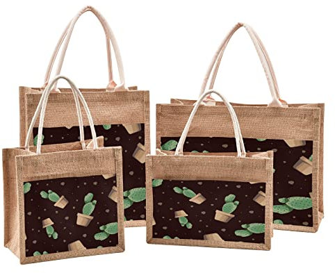 Mnsruu Cactus Plant Black Jute Tote Bags Women Grocery Shopping Bags with Handles for Outdoor Travel 9.8 x 9.8 x 7.1 inches