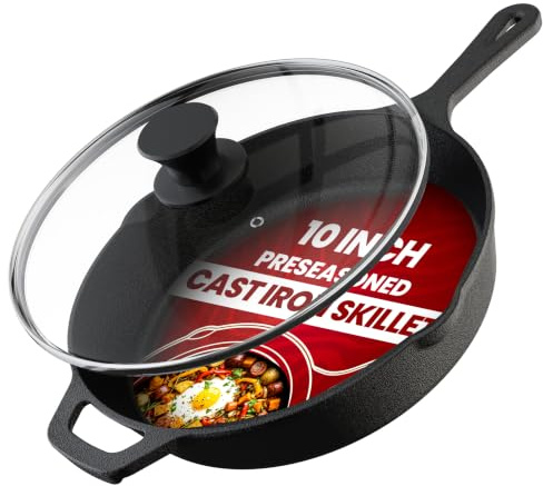 Utopia Kitchen Cast Iron Skillet 10 Inch with Lid Chefs Frying Pan Black