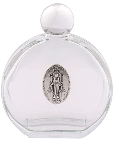 Holy Water Bottle | Glass with Miraculous Medal Metal Plate | Silver-Tone Twist on Cap | Great Catholic Gift for Baptism, First Holy Communion, and Confirmation (Round Bottle)