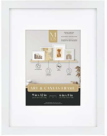 MCS Gallery Wooden Picture Frame for Canvas, Art Boards, Photos and more, White, 9x12 with 6x8 Mat