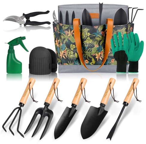 YAUNGEL Ensemble d'Outils de Jardinage, 10 Pièces en Acier Inoxydable à Usage Intensif avec Poignée en Bois Antidérapante - Cadeaux pour Les Femmes et Les Hommes, Noir