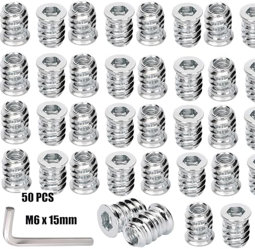 CRLYLC Lot de 50 écrous à visser M6 x 15 mm - Insert fileté en bois - Manchons à visser à six pans creux pour meubles en bois - Insert fileté - Écrous hexagonaux hexagonaux en acier galvanisé