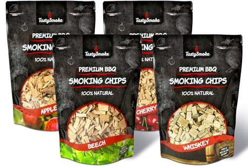 TastySmoke® Juego de 4 virutas para ahumar de alta calidad, virutas de madera natural de manzana, haya, cereza y roble, perfectas para ahumadores, barbacoas y barbacoas, 100% pura calidad, 750 gramos